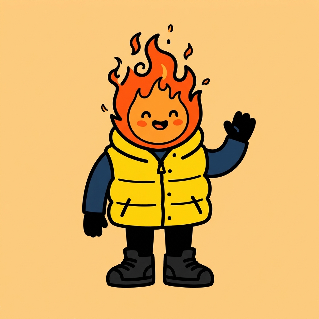 Friendly cartoon character with a fire flame head wearing a puffy yellow winter jacket