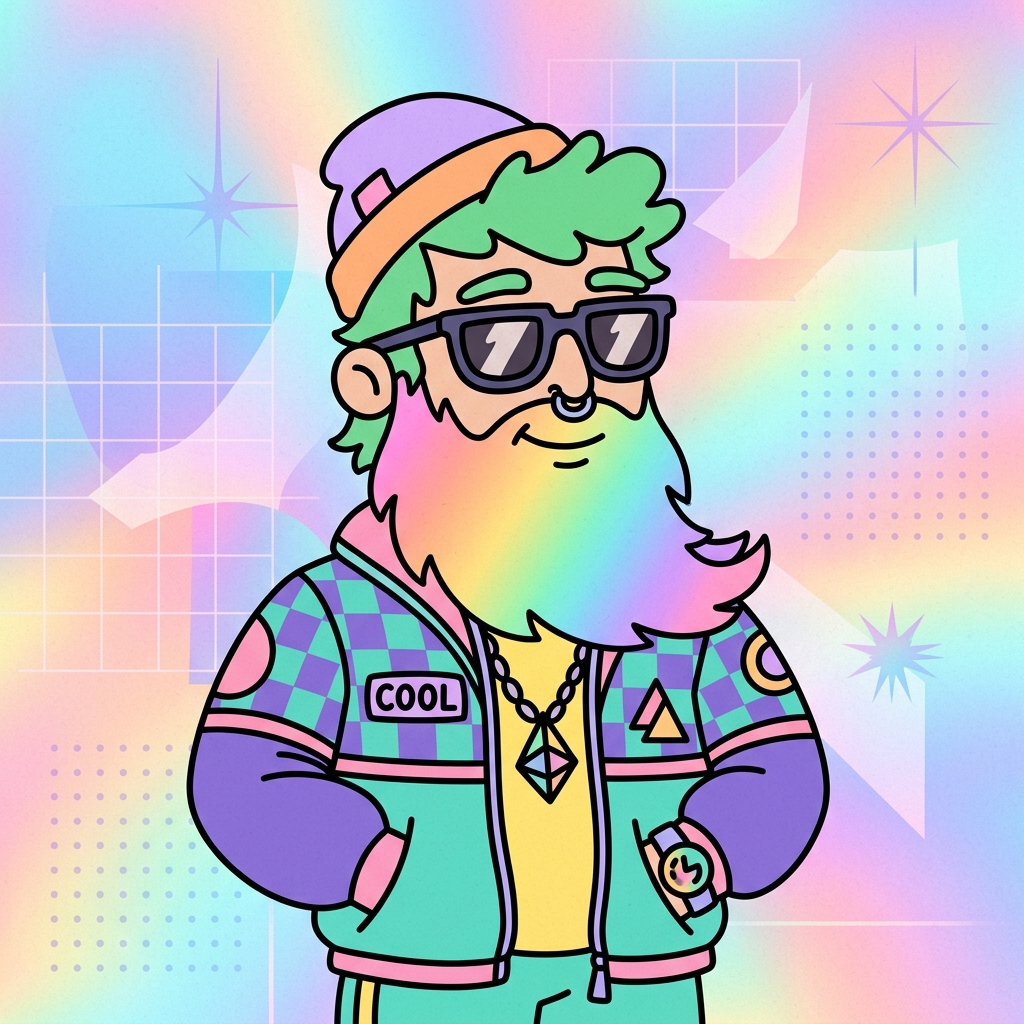 Cool stylized man with green hair and vibrant pastel rainbow gradient beard
