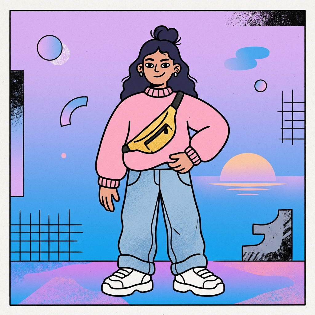 Trendy street-style NFT character with pink sweater and yellow fanny pack